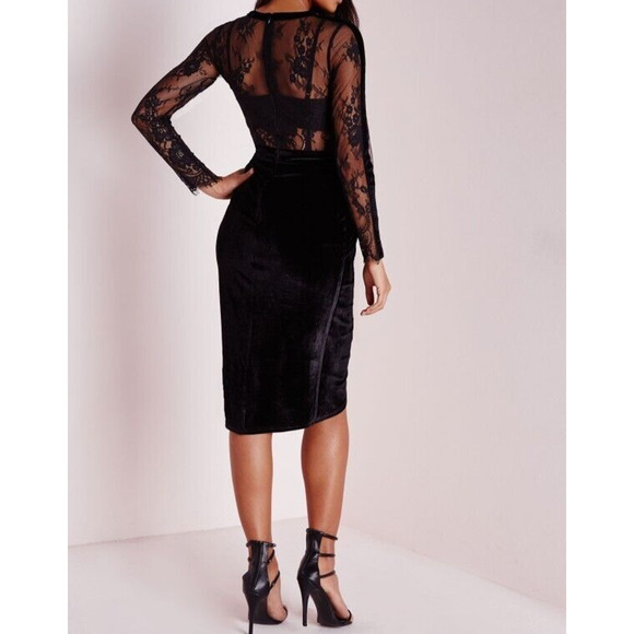 Missguided Sheer Lace Velvet Midi Dress Black Sz 6 Long-Sleeve Lined Draped Hip - Picture 10 of 10